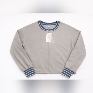 NWT Hem & Thread Tan Gray Sweatshirt with Blue Striped Trim Cutoff Small Medium